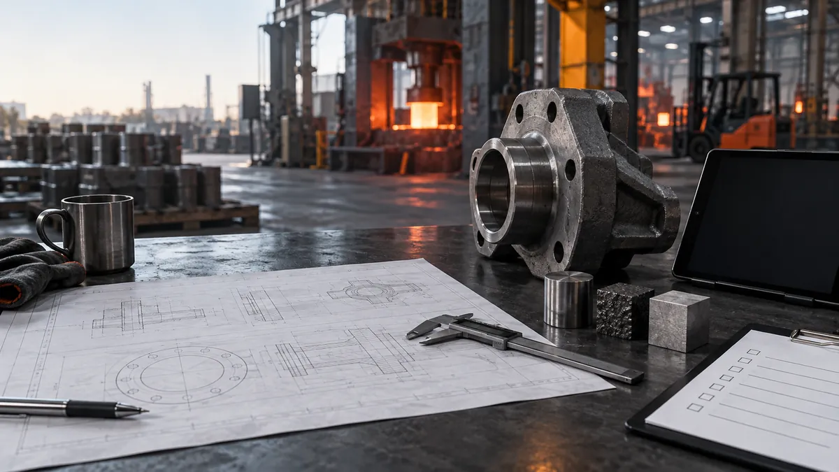Engineering drawing, caliper and custom forged component on an industrial desk