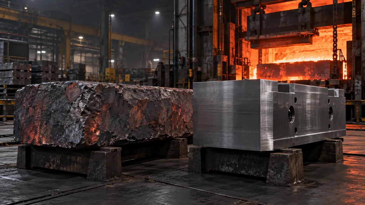 Rough-forged and machined steel die blocks near a heat-treatment furnace