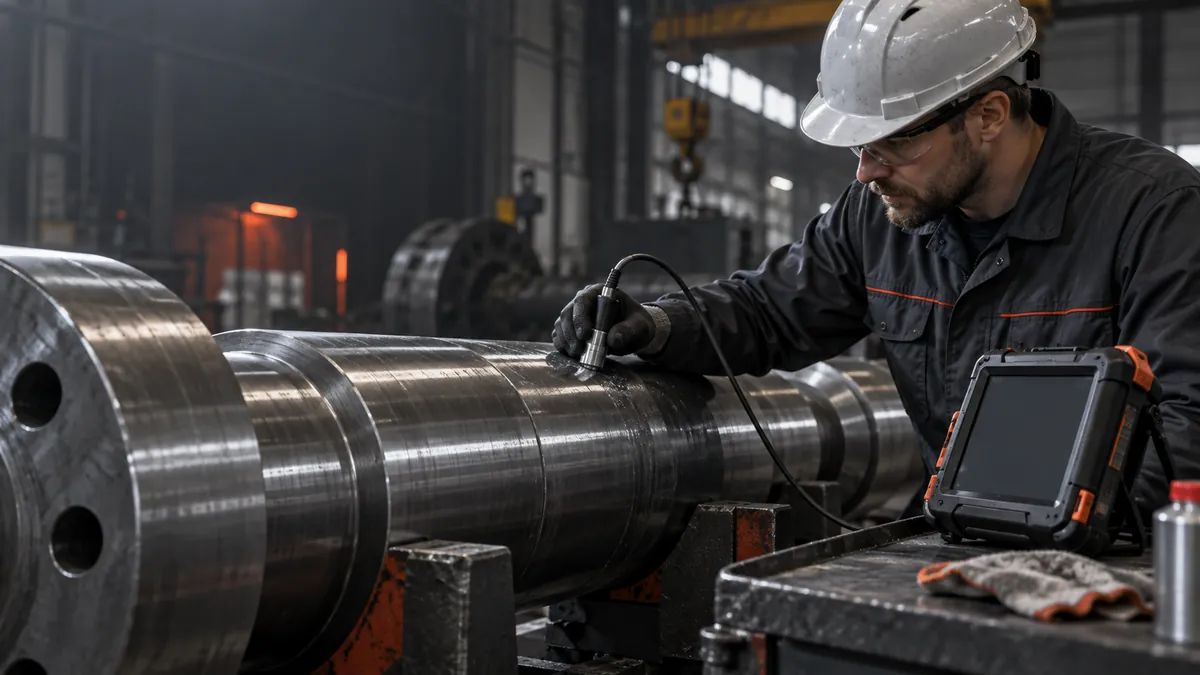 Technician carrying out ultrasonic testing on a heavy forged shaft